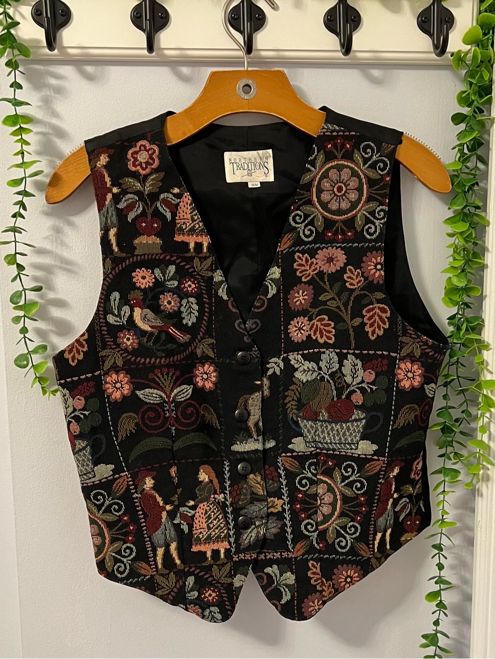 Northern Traditions Black Tapestry Vest with Floral Medallions